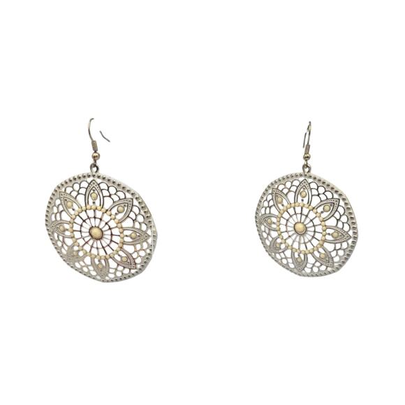 Earrings Boho Dangle Silver Tone Gold Mandala Filigree Round Drop SKU2412 - Picture 2 of 7